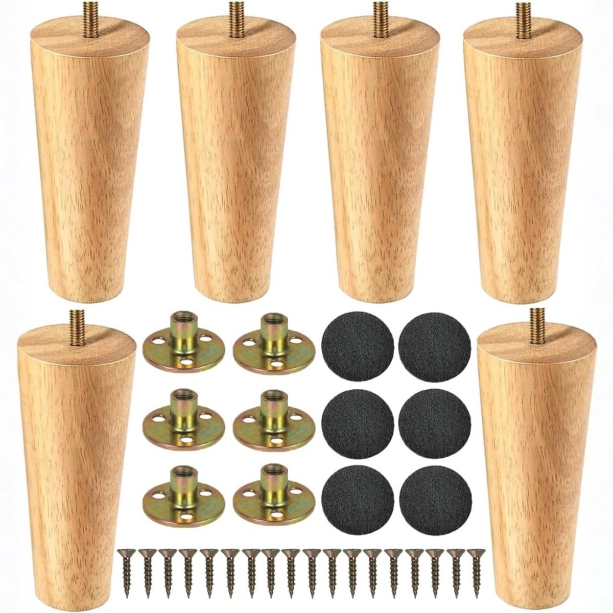 Houten Meubelpoten 15 cm - Conisch Model - Set van 6 - Vervangingspoten voor Meubels met Montageplaat en Rubberen Pads