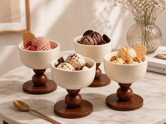 Quatre coupes à glace crème sur pied en bois, garnies de glace et décorations.