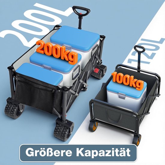 Bolderkar Opvouwbaar - Strandwagen Handkar - Buitenshuis Transport - Met Remmen - 200 Liter - Zwart van Bolderkar Opvouwbaar — afbeelding 4