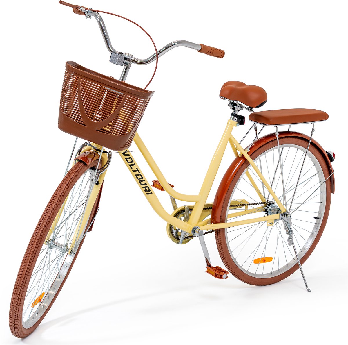 VOLTOURI Damesfiets 28 Inch Retro Citybike - Mand & Bagagedrager - Stalen Frame - 1 Versnelling - lichtgeel