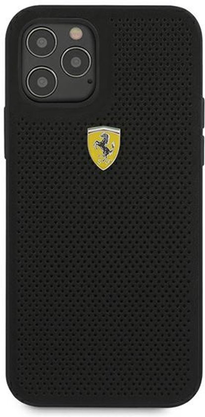 Zwart Ferrari telefoonhoesje met geperforeerd patroon en geel-zwart Ferrari logo.
