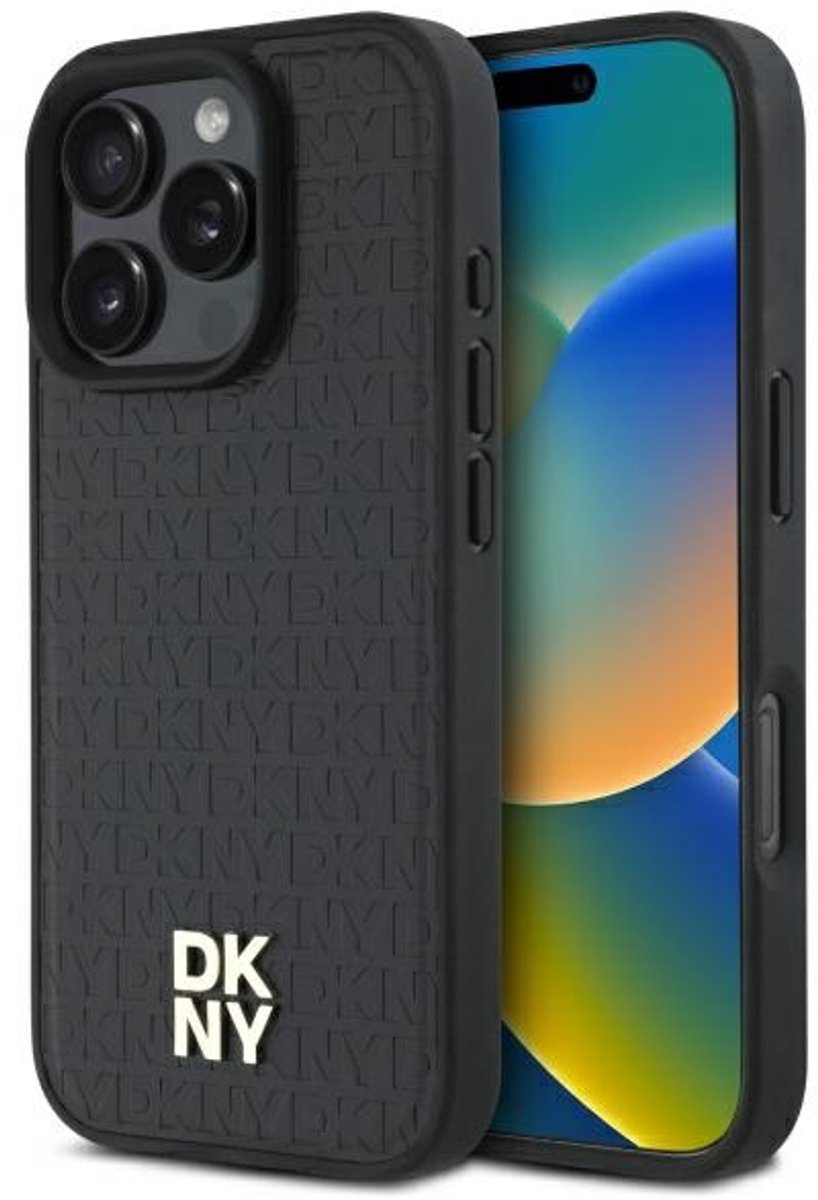 DKNY - Backcover iPhone 16 Pro - Repeat Pattern Stack Logo - MagSafe - Zwart