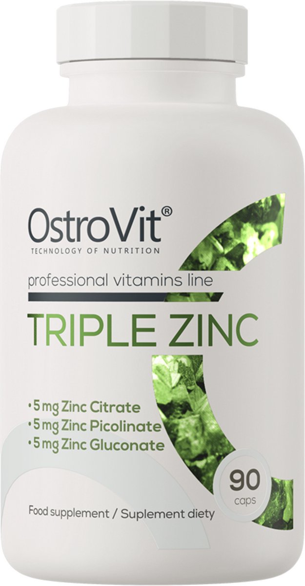 OstroVit Triple Zinc 90 Capsules – 15 mg Zink – 3 Vormen - zinkgluconaat, zinkpicolinaat, zinkcitraat – Immuun & Huid Support – 3 Forms – Immune & Skin Support – Vegan