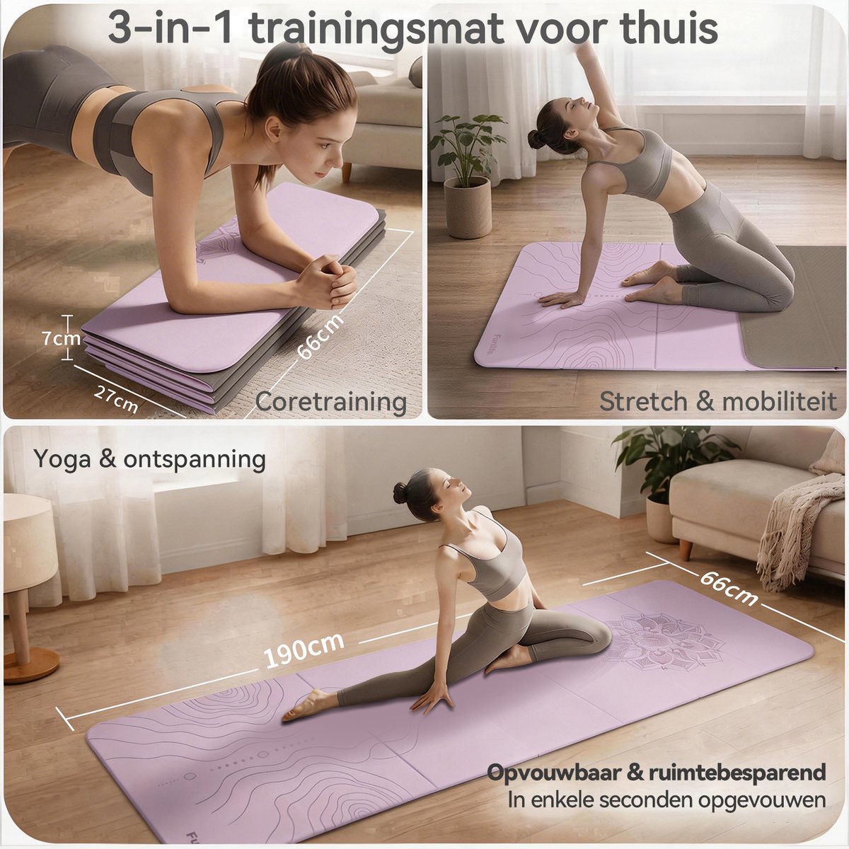 Funlife Opvouwbare Yogamat 190 x 66 cm - 10 mm Dik - Antislip Fitnessmat voor Yoga, Pilates en Thuis Workout - Lavendel Paars Mandala Design thumbnail 4