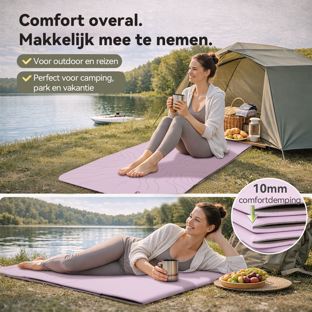 Funlife Opvouwbare Yogamat 190 x 66 cm - 10 mm Dik - Antislip Fitnessmat voor Yoga, Pilates en Thuis Workout - Lavendel Paars Mandala Design thumbnail 3