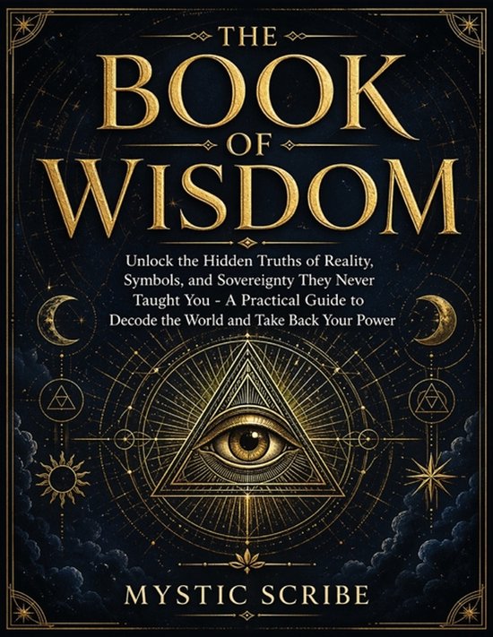 Boek 'The Book of Wisdom' met een mystiek ontwerp. Goudkleurige tekst en een alziend oog in een piramide. Achtergrond met sterren en symbolen.