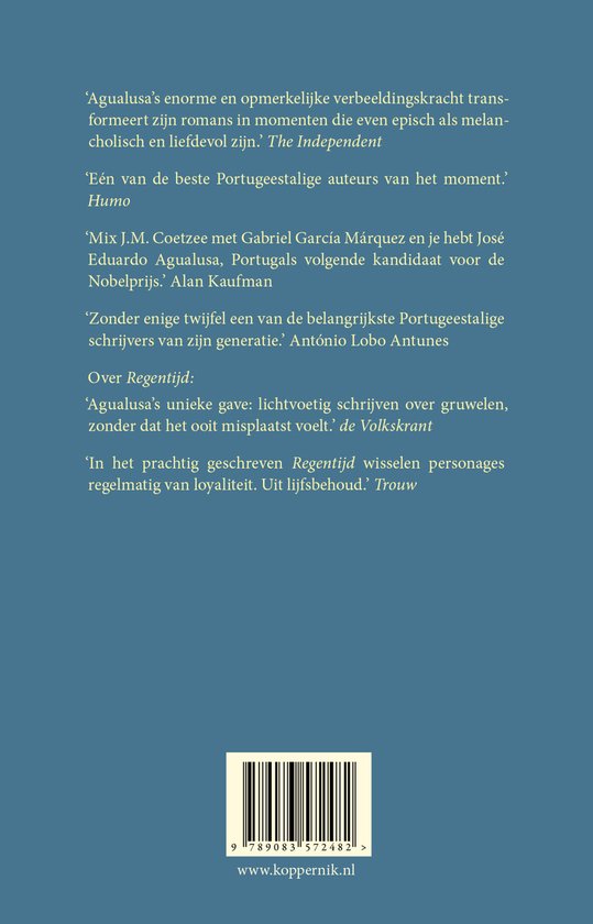 Boekkaft met citaten uit 'The Independent', 'Humo', 'Alan Kaufman', 'António Lobo Antunes', 'de Volkskrant' en 'Trouw'. Bartcode onderaan.