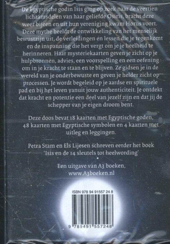 Achterkant van een verpakking met tekst over de Isis mysteriekaarten en een barcode.