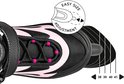 Close-up van de voorkant van een zwarte skeeler met roze accenten, met de tekst 'EASY SIZE ADJUSTMENT'.