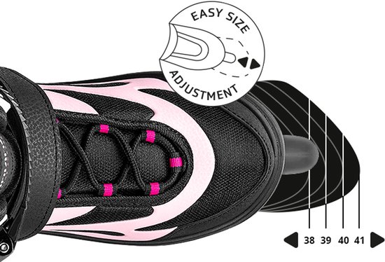 Close-up van de voorkant van een zwarte skeeler met roze accenten, met de tekst 'EASY SIZE ADJUSTMENT'.