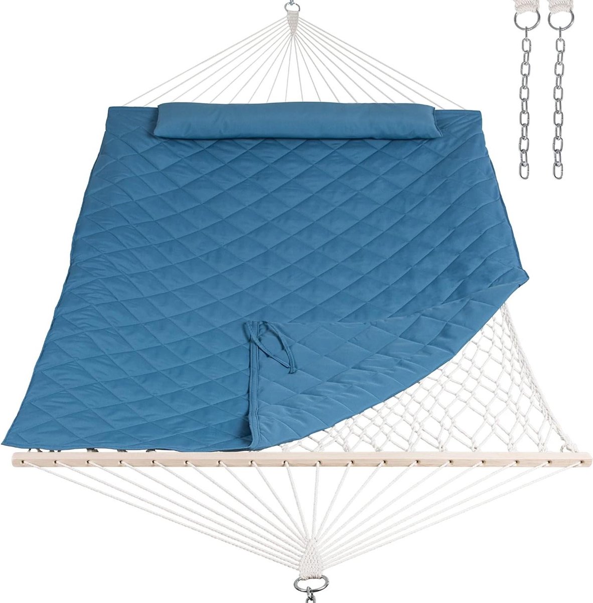 Hangmat voor 2 personen - Dubbele hangmat - Ontspannen buiten - Met afneembaar kussen - 450 lbs capaciteit - Blauw