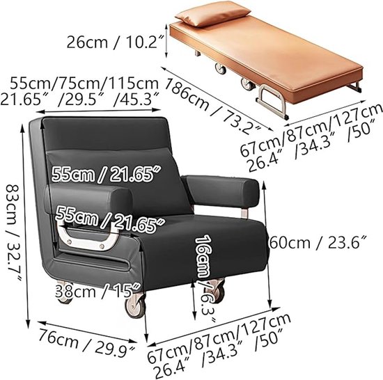 Opvouwbare Slaapbank 186x87x26 cm - Convertible 1-Persoons Fauteuil Bed met 6-Standen Verstelbare Rugleuning & Wielen - Portable Sofa Bed voor Woonkamer, Slaapkamer & Kantoor - Oranje van Nicole — afbeelding 4