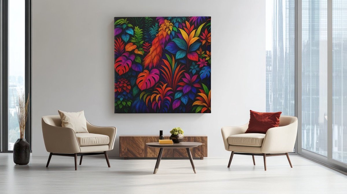 Trendex Global Vierkant Canvas Schilderij Tropische Bladeren - Kleurrijke Jungle - Moderne Natuur Kunst - Wanddecoratie - 60 x 60 cm