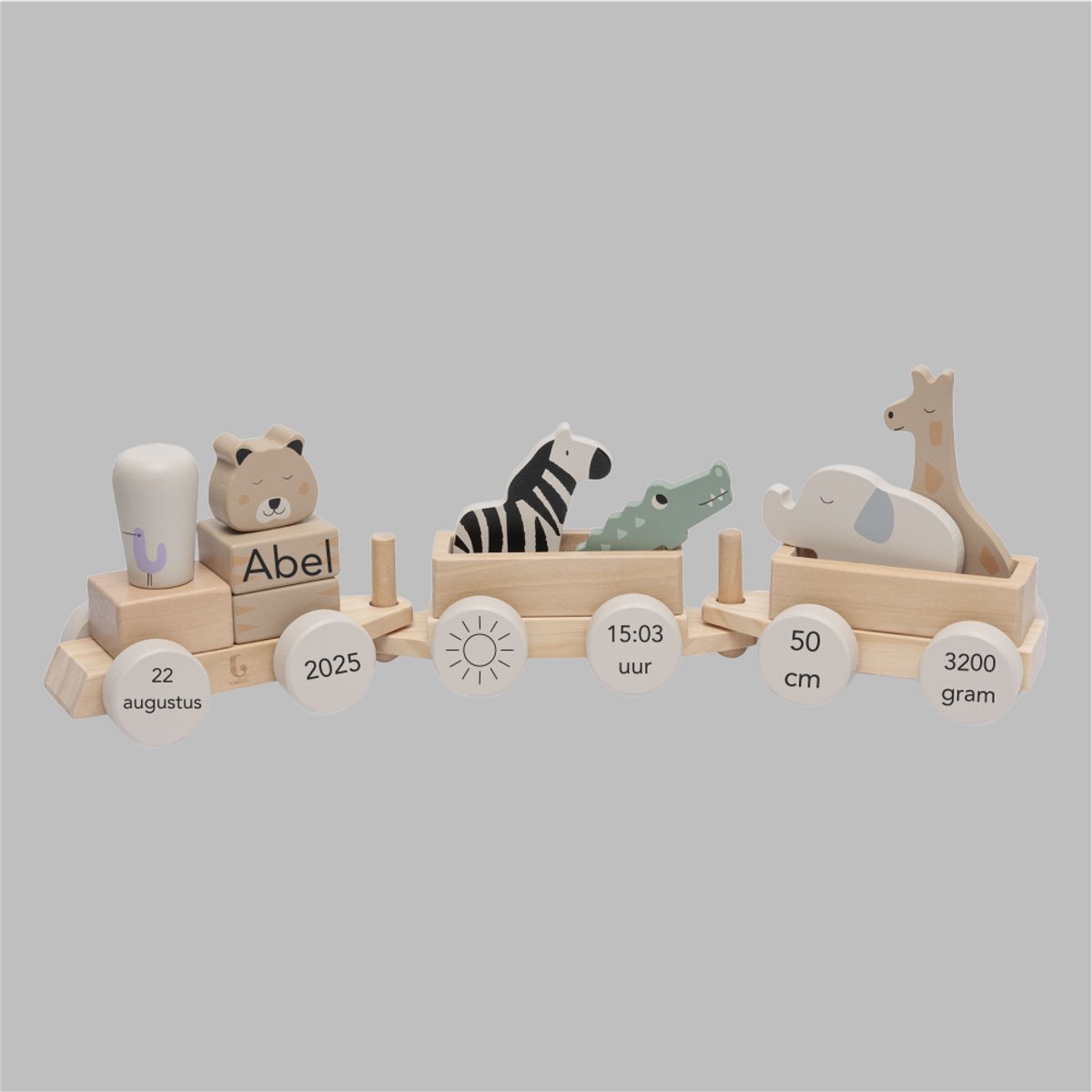 Gepersonaliseerde Houten Jungle trein Jambo - Baby - Kraamcadeau - met naam en geboortedatum - Hout - Jollein