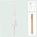 Witte parasol in opgevouwen toestand met houten stok, naast een gesloten verpakking.