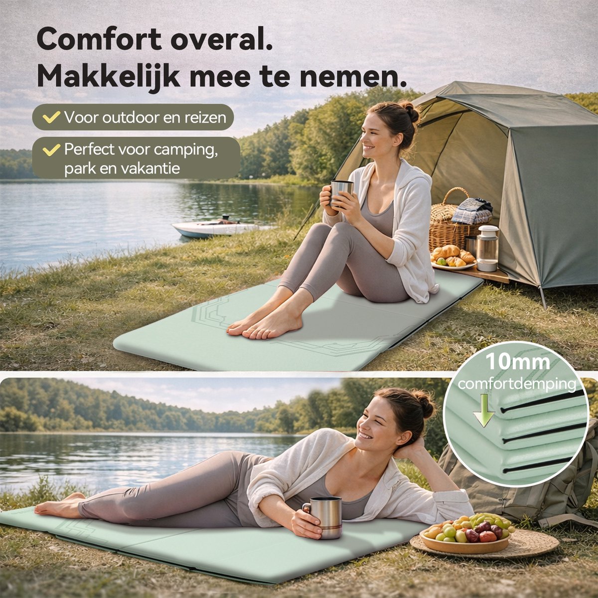 Funlife Opvouwbare Yogamat 190 x 66 cm - 10 mm Dik - Antislip Fitnessmat voor Yoga, Pilates en Thuis Workout - Matchagroen thumbnail 4
