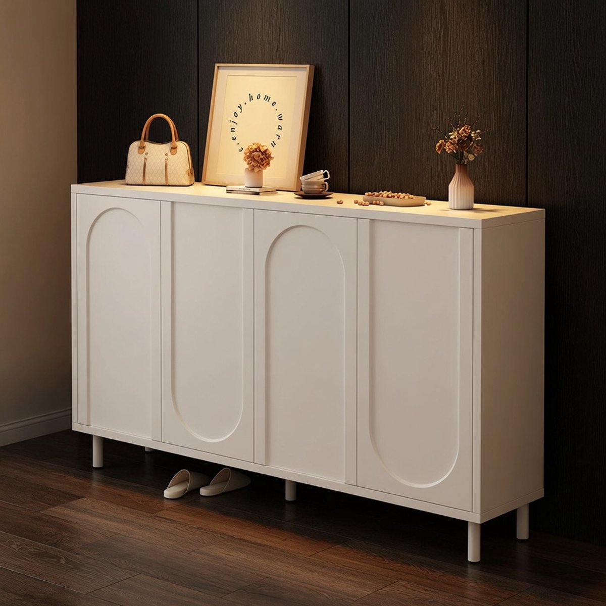 Grote Schoenenkast met Deuren 120 cm – Moderne Vrijstaande Schoenenopbergkast 4 Laags Cream – Schoenenrek met Verstelbare Planken & Poten – Opberger voor Hal & Woonkamer 120x34x98 cm – Ganeey