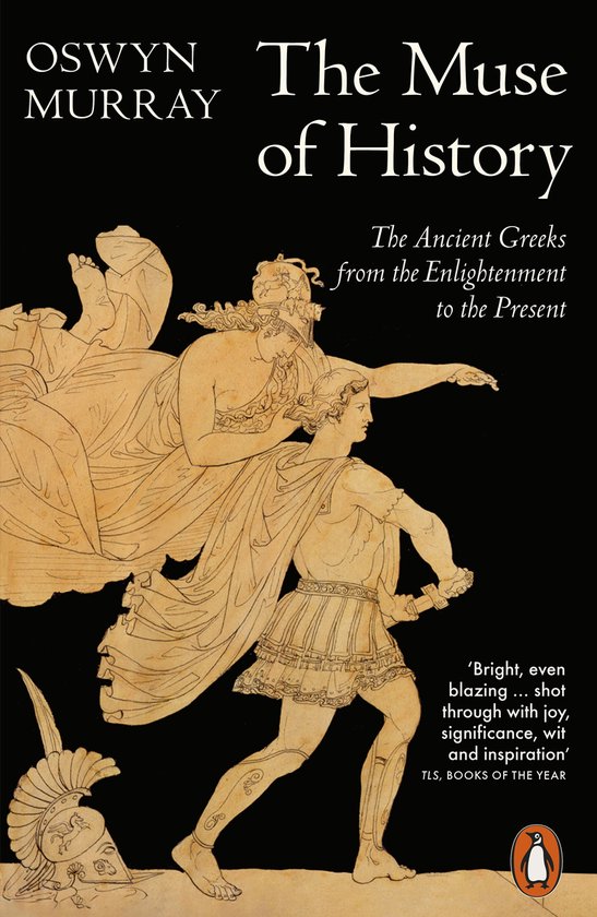 Boek The Muse of History van Oswyn Murray. Omslag met antieke Griekse tekening van twee figuren, met inscriptie en recensie.