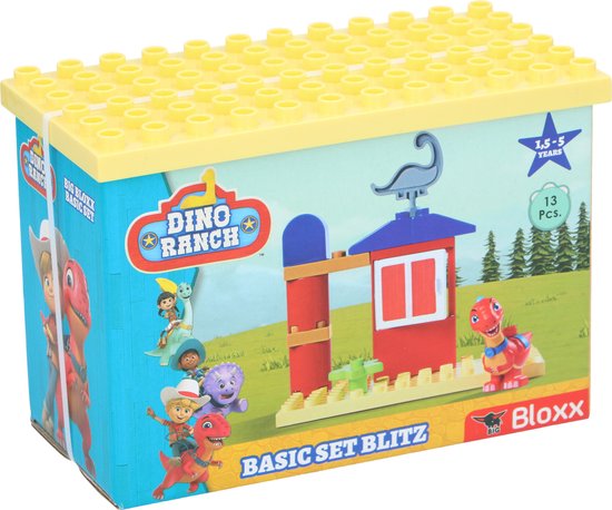 Verpakking van Big Bloxx Dino Ranch Basic Set Blitz constructiespeelgoed, met 13 stuks, in een gele opbergbox met blauw en rood deksel.