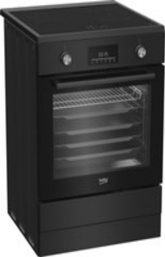 Zwart inductiefornuis met inductiekookplaat en oven met glazen deur.