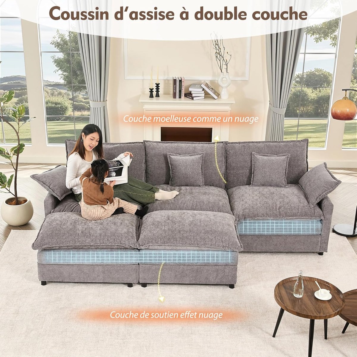 Modulaire U-vormige Hoekbank 274x145x93 cm – Luxe Chenille Slaapbank met Ottomane, Diepe Zit 63 cm, Afneembare & Wasbare Hoezen, 5-Zits Woonlandschap Grijs – Laura