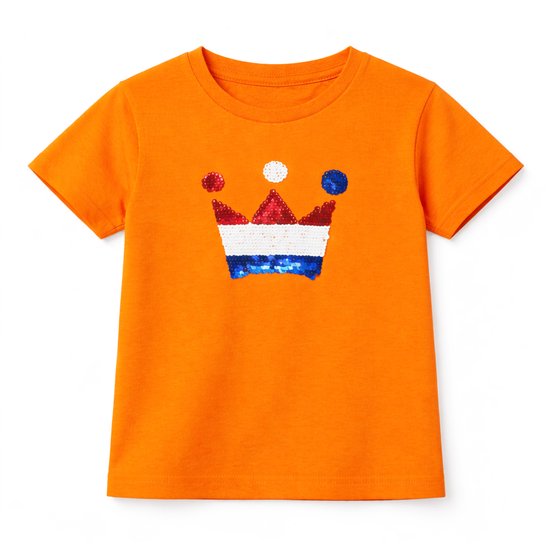Oranje shirt kinderen Kroontje met magic sequence | Koningsdag | Holland | EK-WK-Olympische Spelen | Oranje | Kind 3-4 jaar | Maat 104