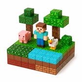 Diorama met pixel-figuren: een man, varken en kip, twee bomen en een waterpartij op blokjes die aarde en gras voorstellen.