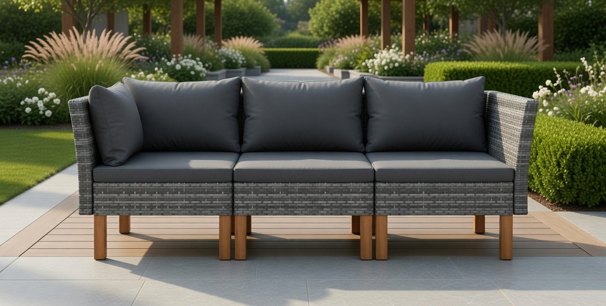 Luxe 3-Delige Tuin Loungeset van Polyrattan en Eucalyptus Hout – Patio Bank & Loungebank voor Tuin, Balkon of Terras – Comfortabel & Duurzaam | MedaHomeStore