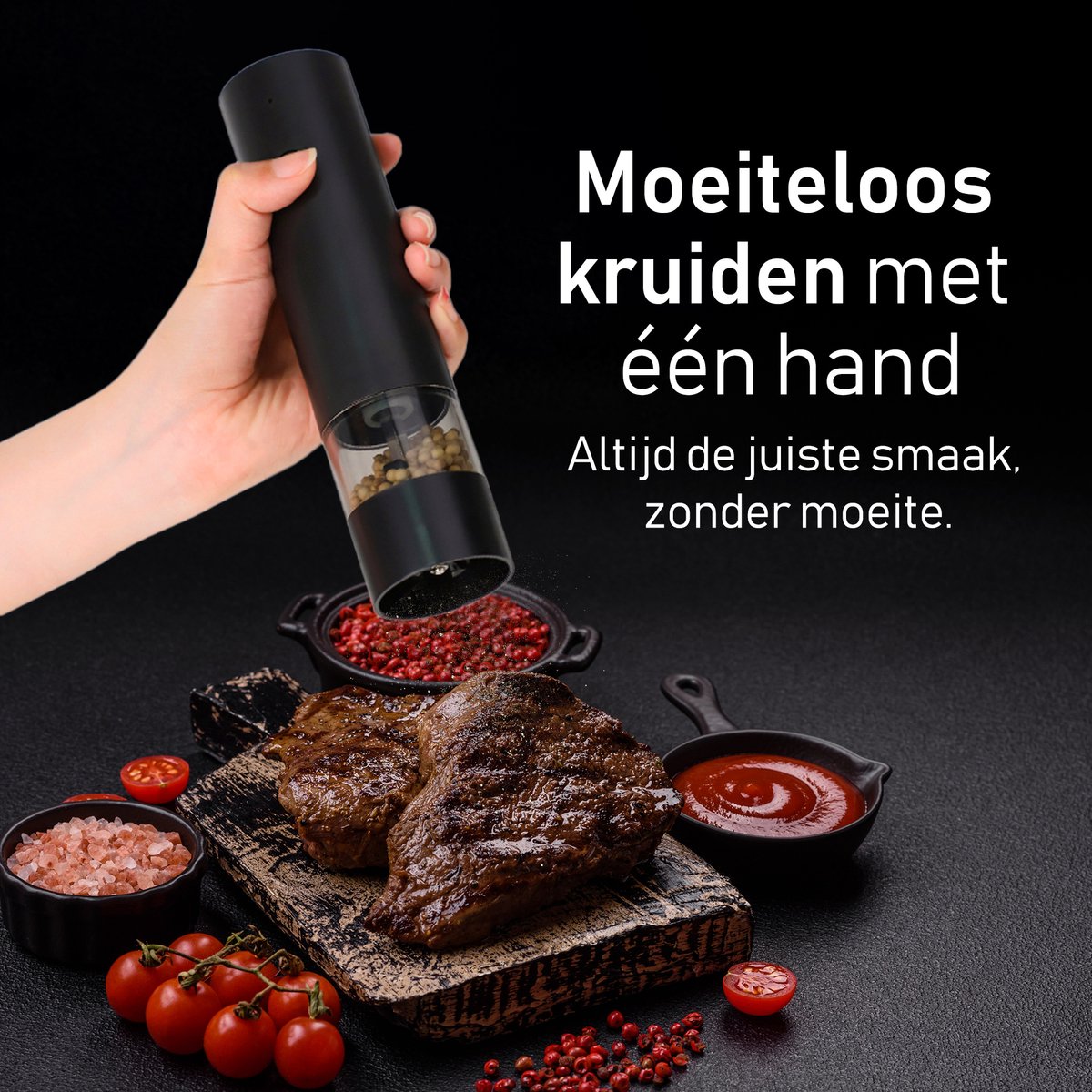 VAYN Elektrische Peper en Zoutmolen Set - Automatische Pepermolen met Instelbare Maalgraad - USB-C Oplaadbaar - 2 Stuks met Houder - Zwart — cadeau in Kookcadeaus - foto 3