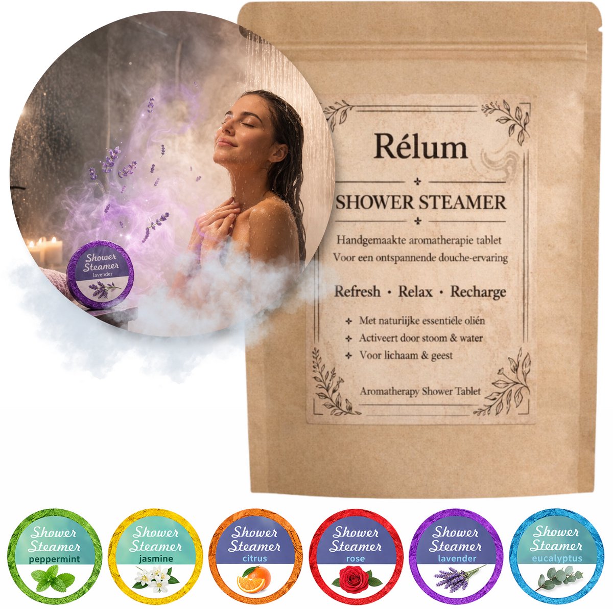 Rélum Shower Steamer Gift Set (6 stuks) – 6 Douche Steamers met Verschillende Geuren - Bombs - Geschenkset Vrouwen - Shower Steamer - bruisbal douche - Shower bomb - Douche Steamer