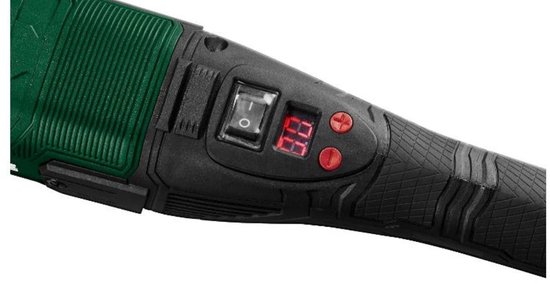 Detail van de groene Parkside polijstmachine: aan/uit-schakelaar en rood digitaal display met twee cijfers.
