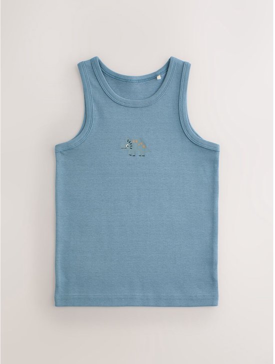 Lichtblauwe tanktop met een geborduurde dinosaurus op de borst.