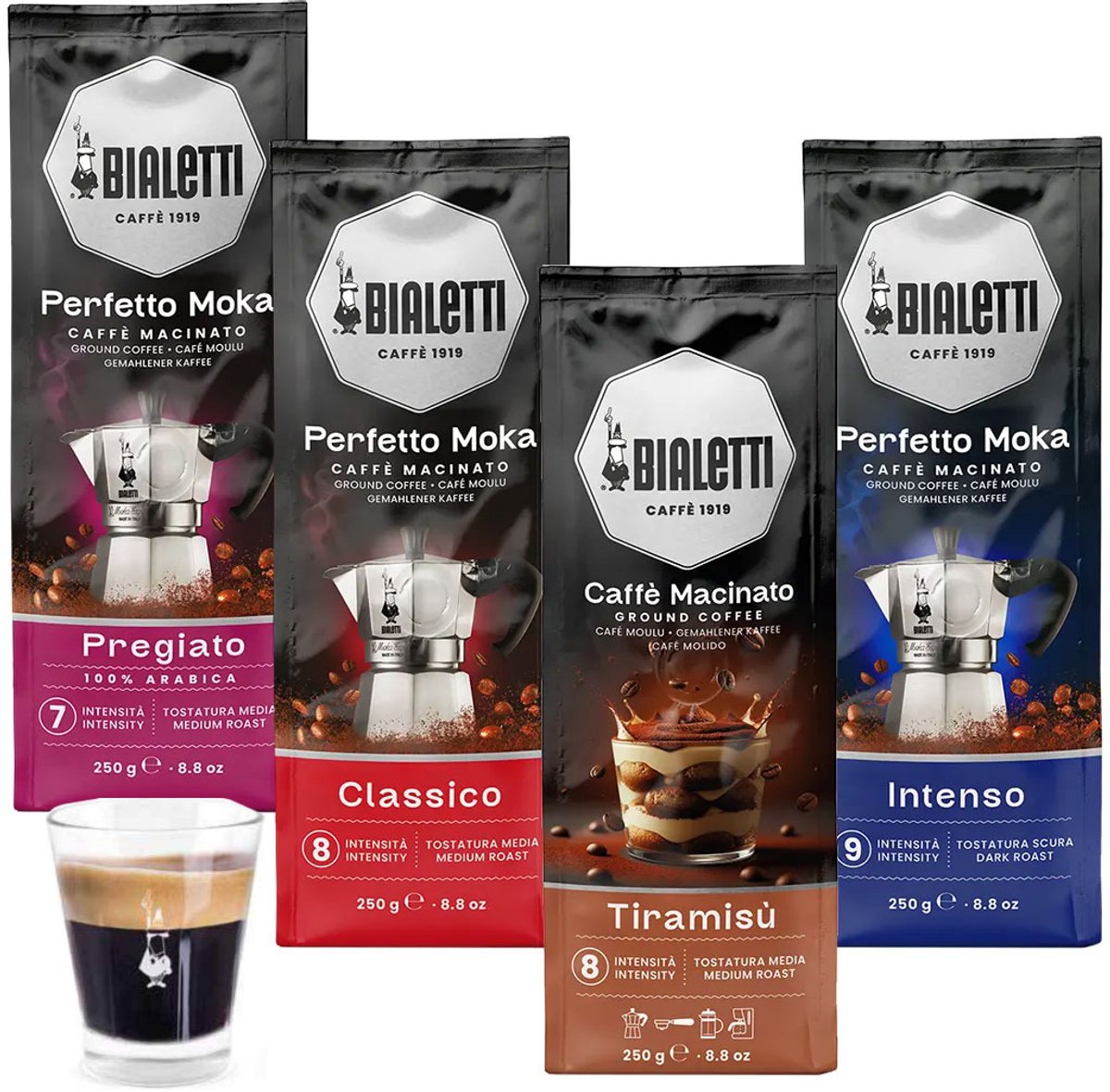 Bialetti Perfetto Moka Koffie proefpakket - 4 x 250 gram - Classico, Intenso, Pregiato en Tiramisu + Gratis Espresso Glas