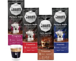 Bialetti Perfetto Moka Koffie proefpakket - 4 x 250 gram - Classico, Intenso, Pregiato en Tiramisu + Gratis Espresso Glas