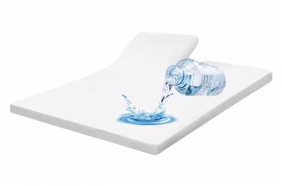 Wit matrasbeschermer met een waterdichte laag, water spat op het oppervlak.