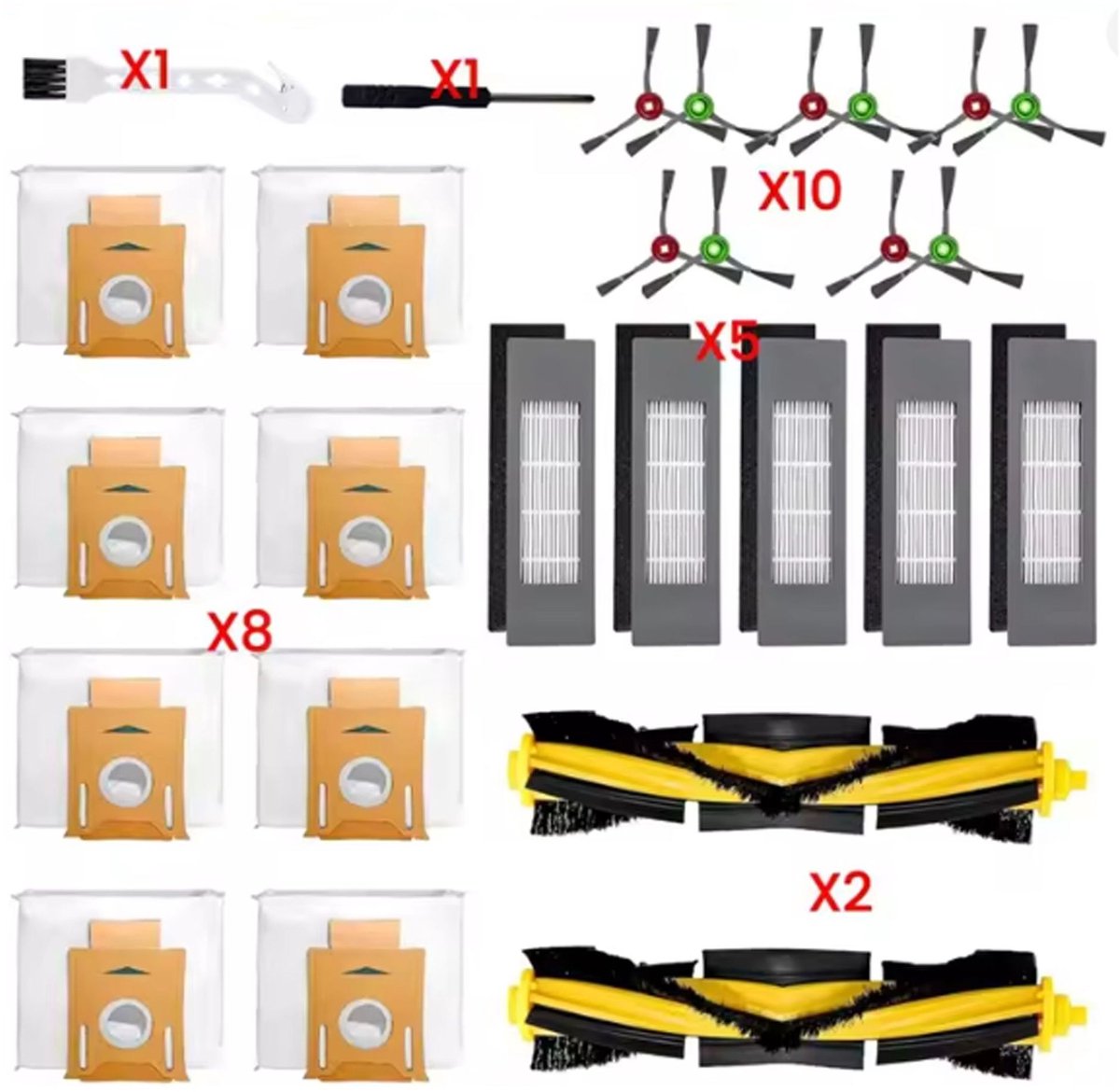 Geschikt voor ECOVACS Deebot T8 AIVI / T8 MAX / N8 Pro - Complete Voorraadset: 2x Hoofdborstels, 10x Zijborstels, 5x Filters, 8x Stofzakken, 1x Reinigingsborstel, 1x Schroevendraaier