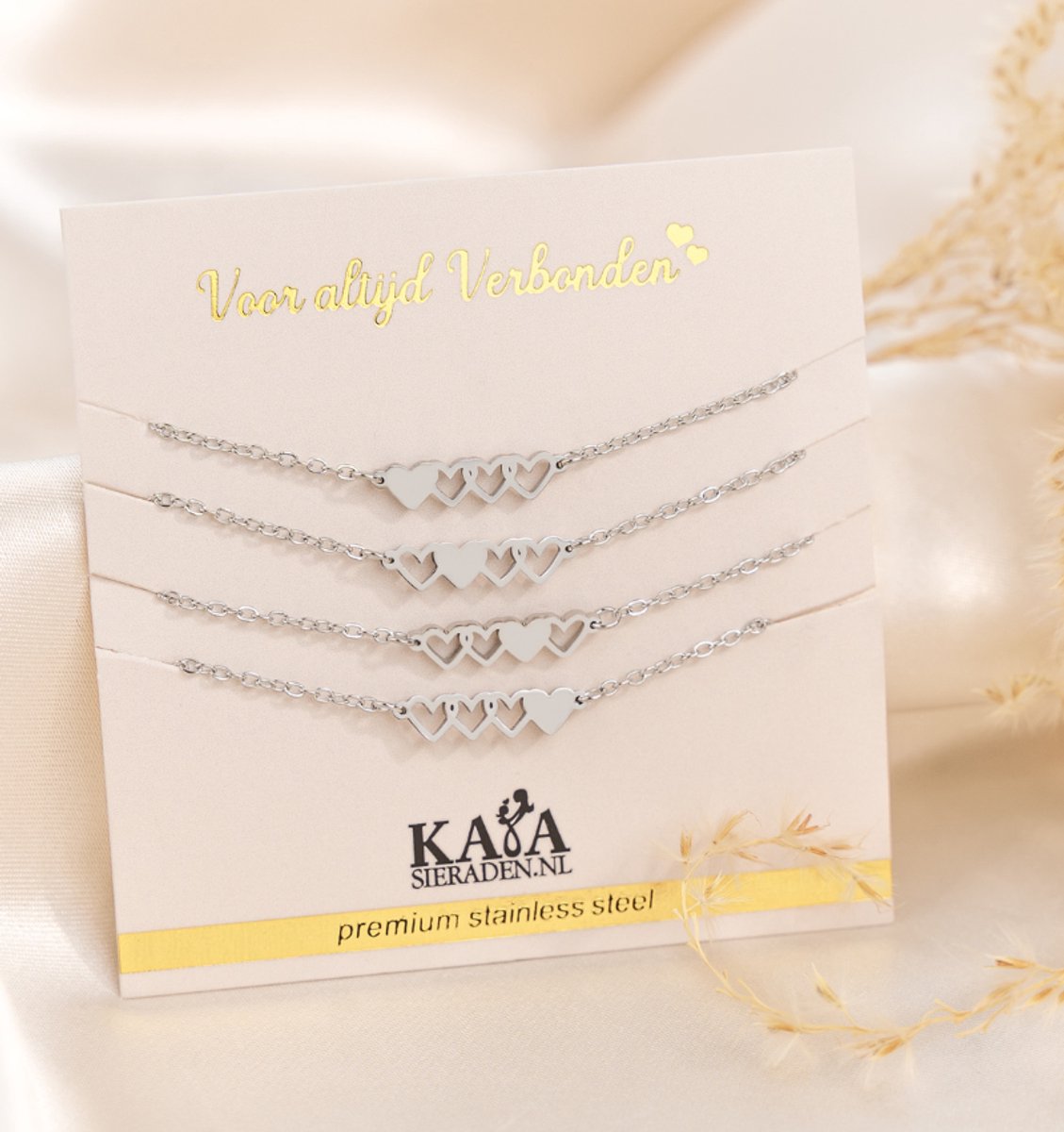 Zussen armbanden set vier hartjes | Stainless Steel Zilver