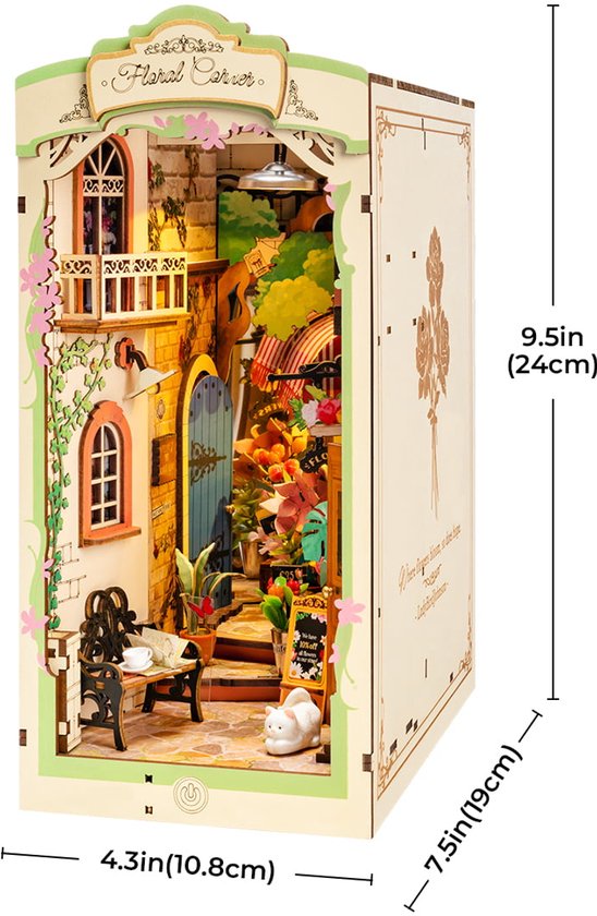 Gedetailleerd model van een 'Floral Corner' boekendecoratie, met afmetingen weergegeven.