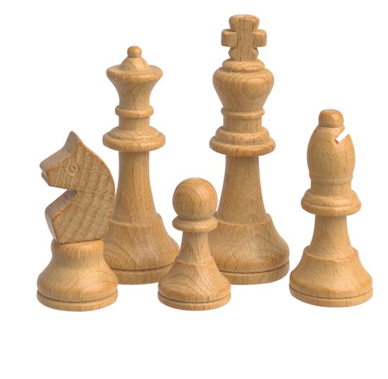 Vijf witte houten schaakstukken: een paard, dame, pion, koning en loper.