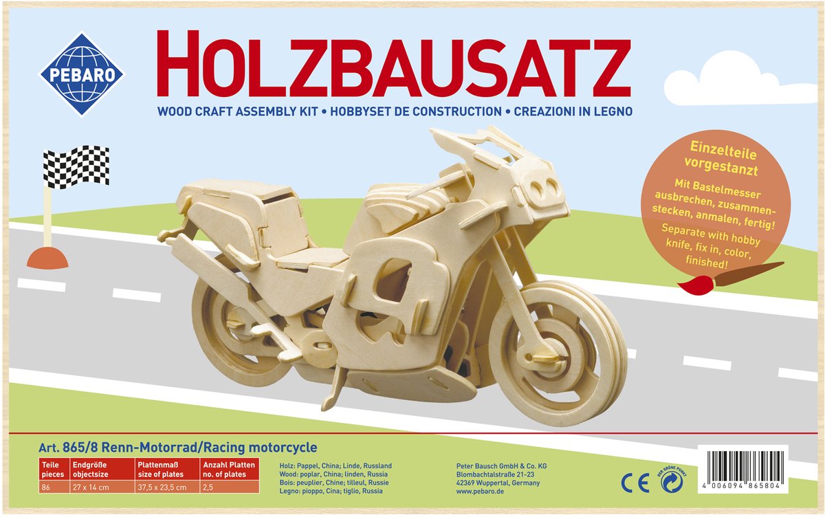 Pebaro houten bouwset race motor - creatief speelgoed bouwpakket.