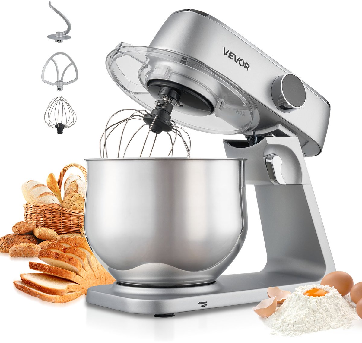 VEVOR Staande Mixer/Keukenmachine voor Bakken, 1800W Deegmixer met Roestvrijstalen Kommen (7,4 L) & Deeghaak & Klopper & Garde, 10 Snelheden Kantelbare Mixer
