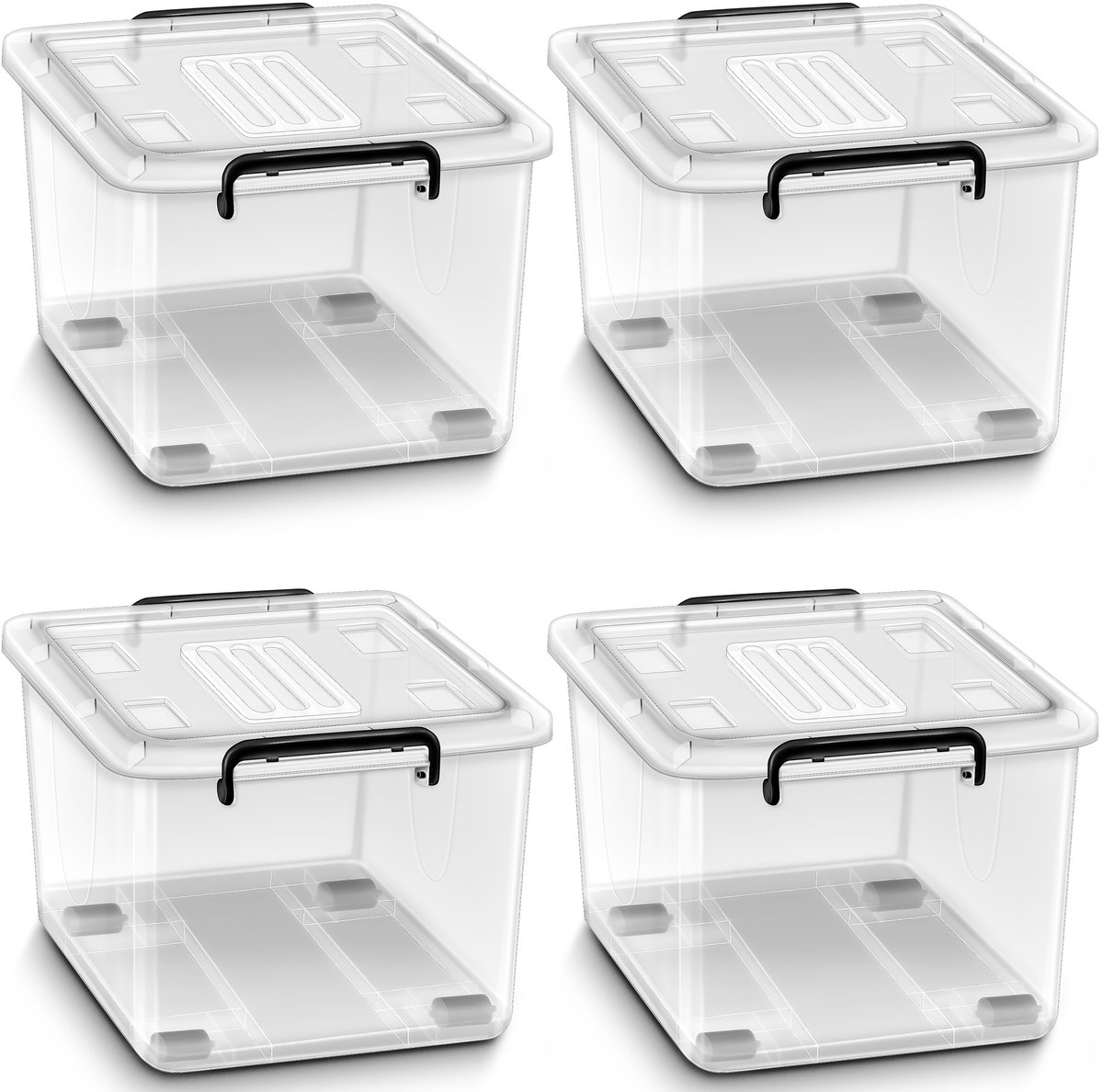 tillvex® Opbergdozen met Deksel Set van 4 en 42l Levensmiddelenecht Kunststof Set Stapelbaar | Transparante Opbergbox Ordnungssysteem Groot | Kledingboxen 100% Nieuw Materiaal BPA-vrij met Wieltjes & Sluitclips