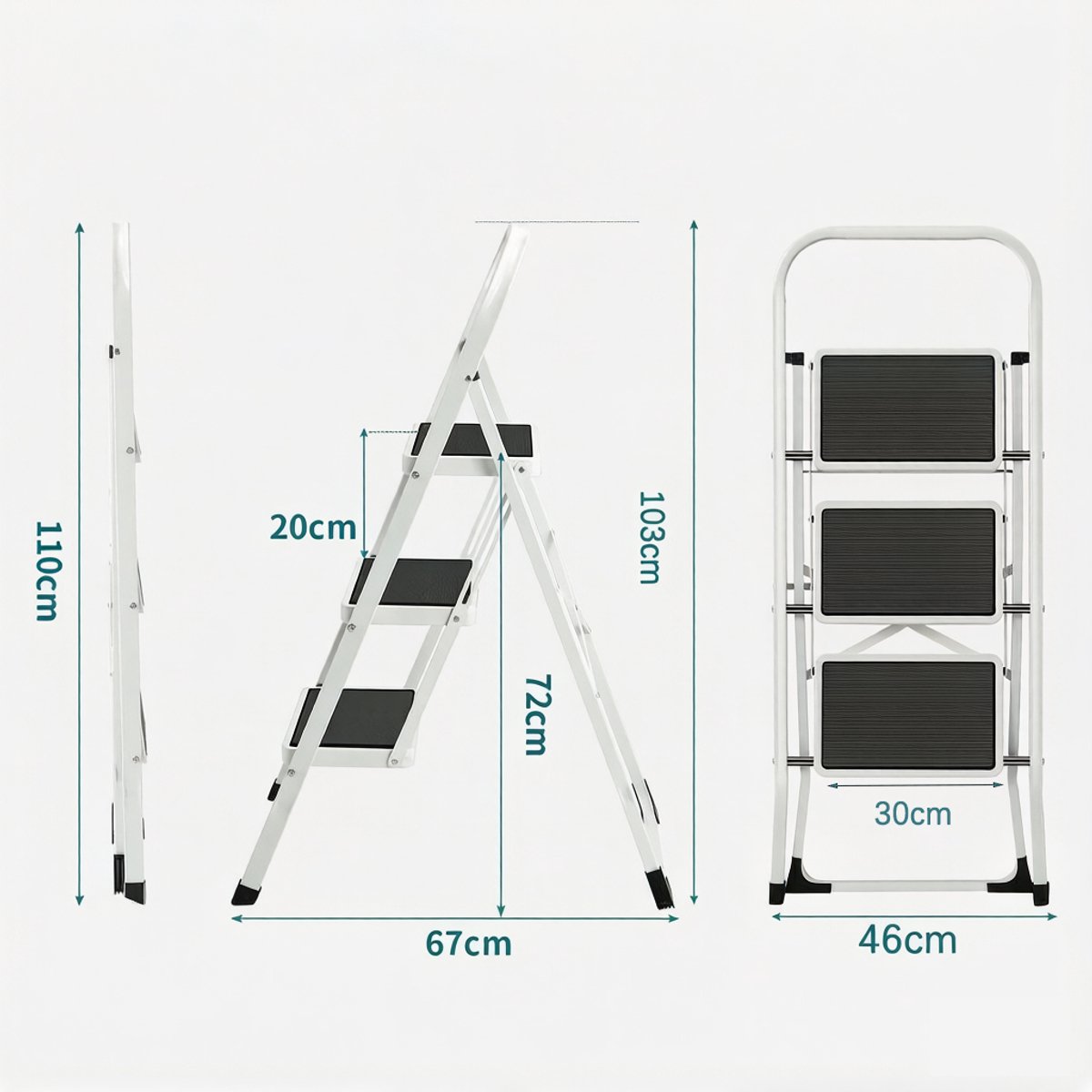 Hoppa! Keukentrapje / Huishoudtrapje - 3-Treden Ladder - Vouwladder - Sportbreedte 20 cm - Antislip Rubber - Draagvermogen 150 kg - Staal - GS-gecertificeerd - Zwart en Wit – foto 4