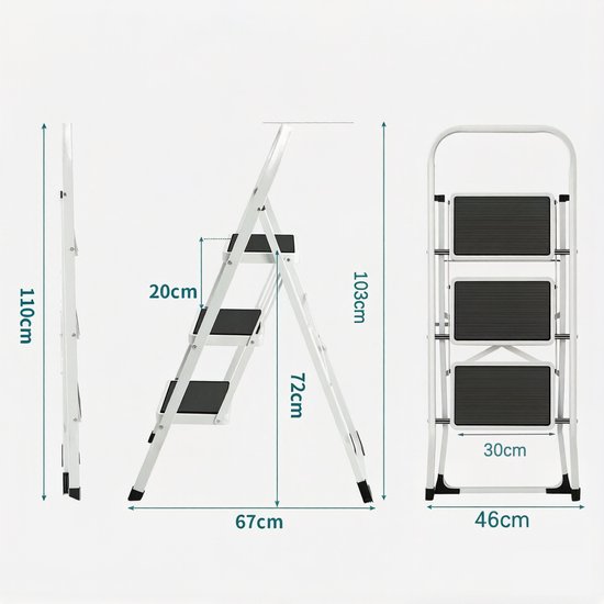 Afmetingen van een wit, inklapbaar huishoudtrapje met 3 treden: hoogte 103cm, breedte 46cm, diepte 67cm. Treden 30x20cm.