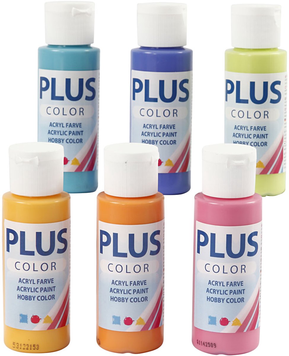 Plus Color Acrylverf - verschillende kleuren verf - acrylaatverf - acrylic paint - hobbyverf - knutselen en verven - sneldrogend - kleurrijk - - 6 x 60ml - incl. crea gift