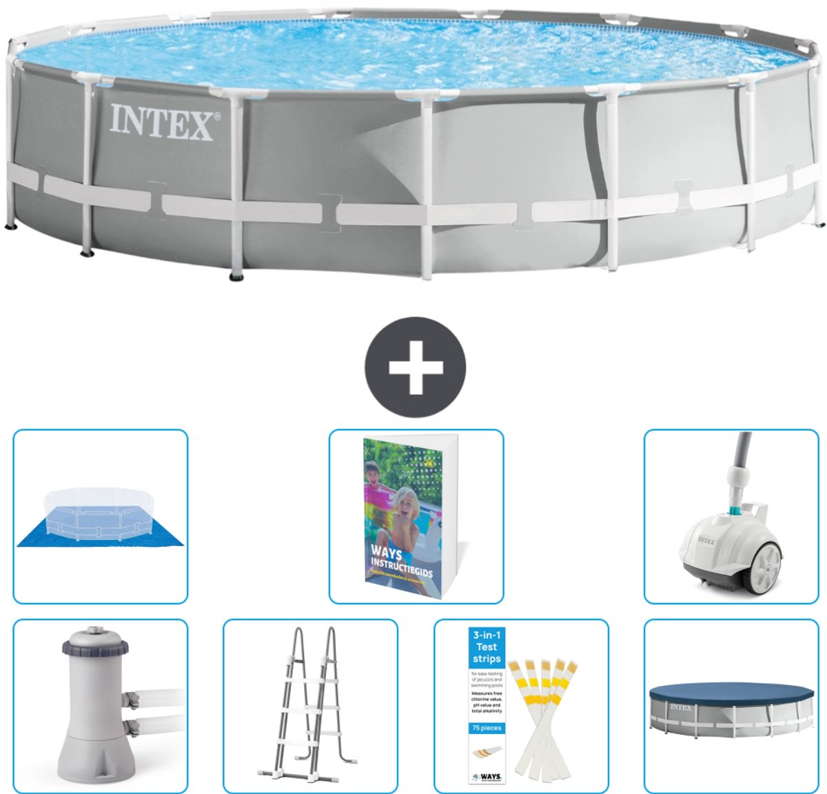 Intex Rond Prism Frame Zwembad - 457 x 107 cm - Grijs - Inclusief Pomp - Ladder - Grondzeil - Afdekzeil Stofzuiger - 8-delig