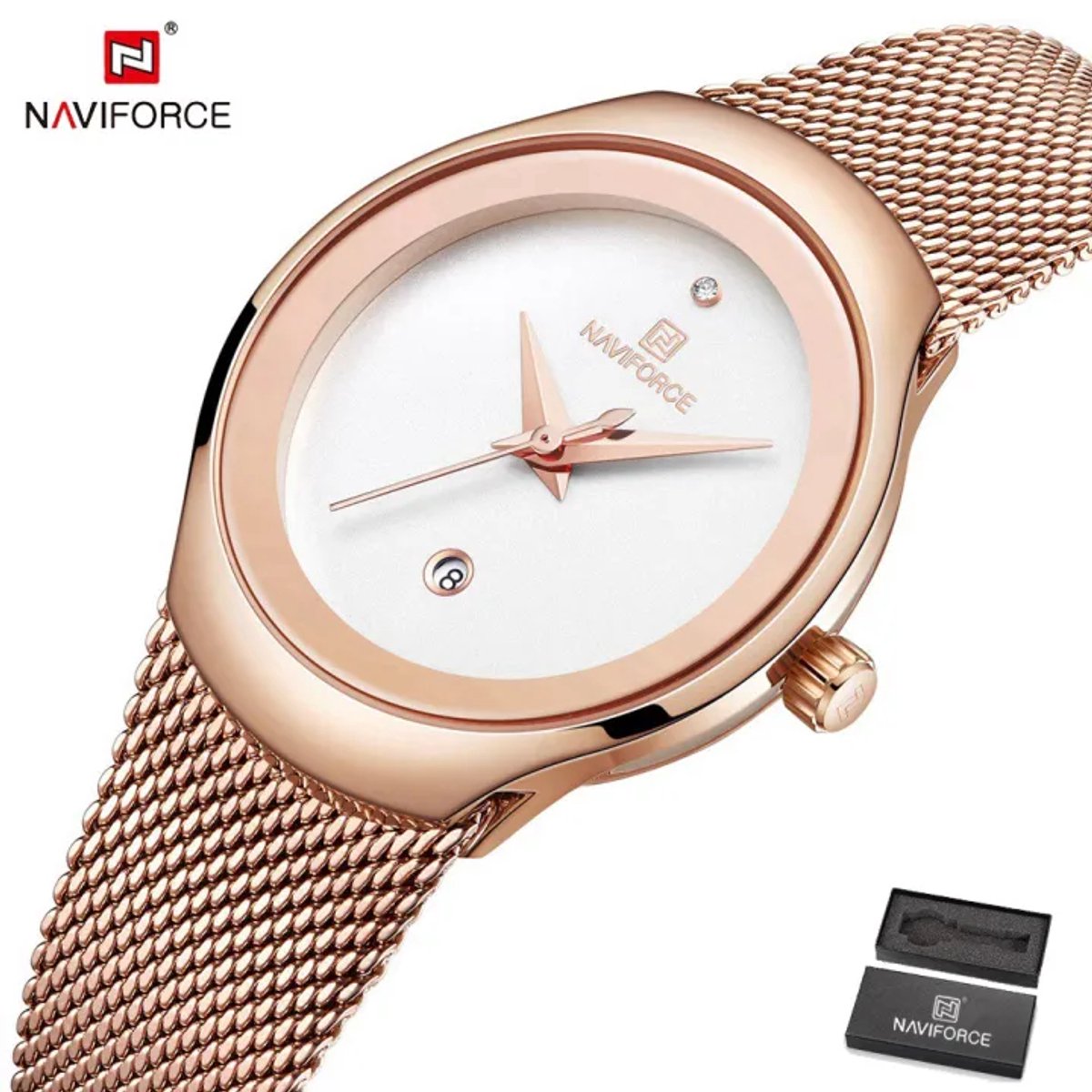 NAVIFORCE horloge met gouden metalen polsband, witte wijzerplaat en rose gouden horlogekast voor dames met stijl ( model 5004 RGW )