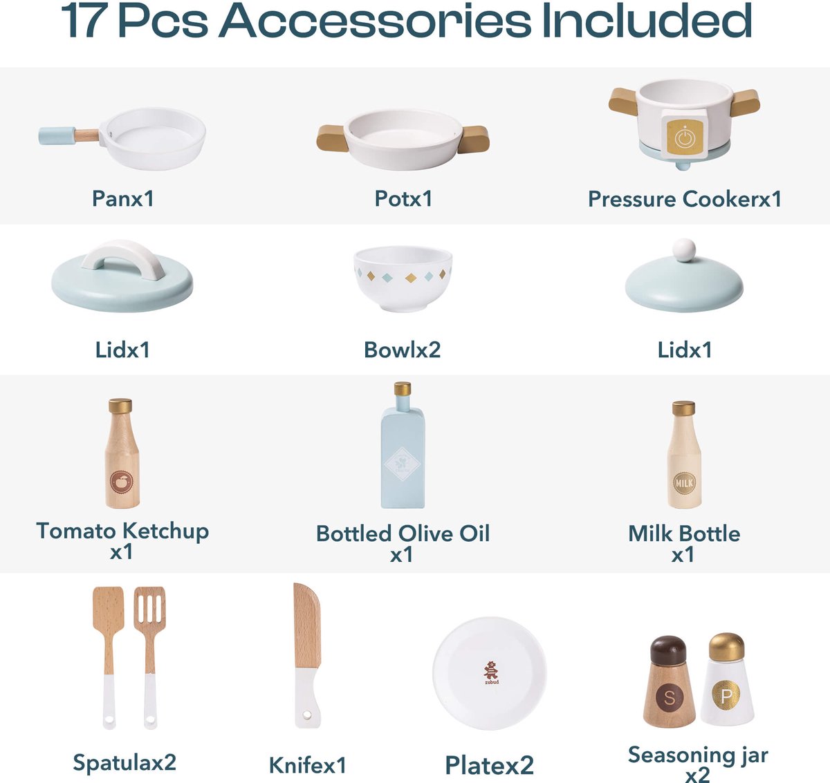 Robotime - ROBUD Houten Moderne Speelkeuken - Luchtblauw - Speelset met Volledige Accessoires - Voor Peuters 3+ — afbeelding 12