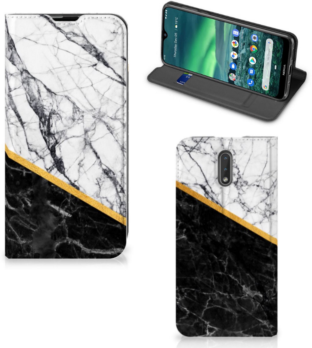 Nokia 2.3 Standcase Marmer Wit Zwart - Origineel Cadeau Man