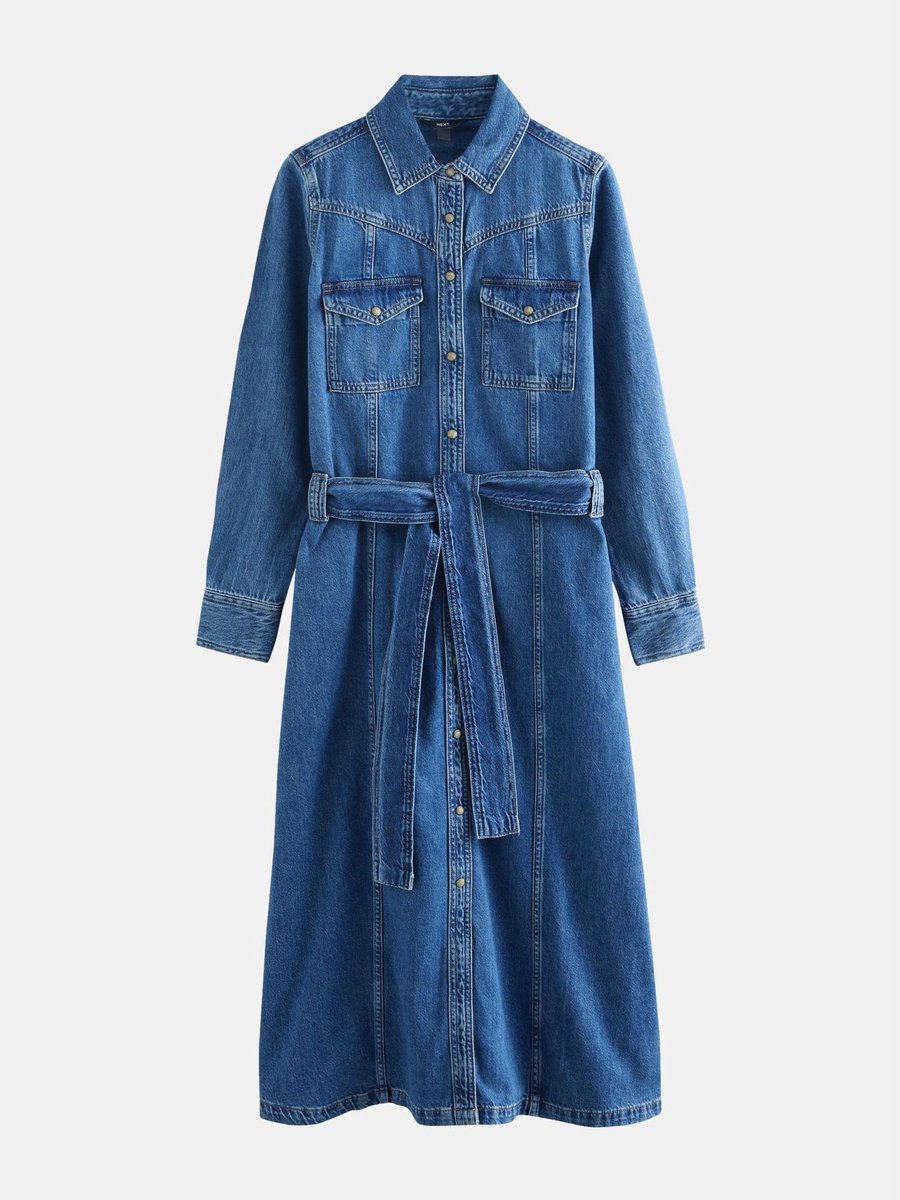 Next - Dames - Halflange denim overhemdjurk - Petite - Blauw